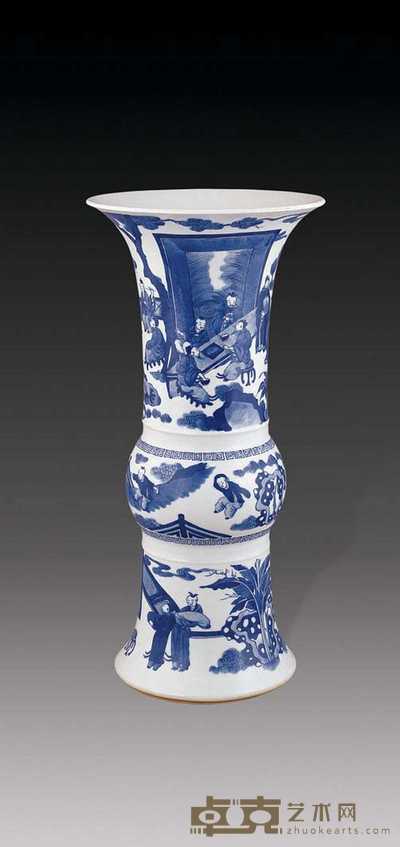 清康熙 青花山水人物花觚 高46cm